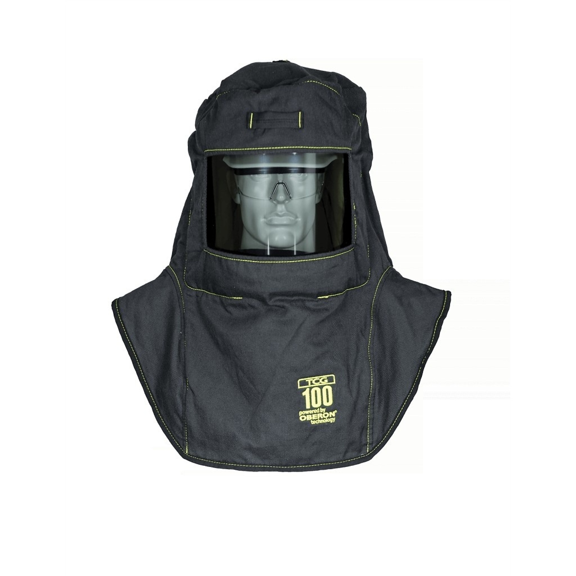 OBERON™ - Hood with A5 Hard Hat Adapters - Arc Flash - 100 Cal TCG™ - With Fresh Air Arc Flash Hood Ventilation System & Light - Color: Black - Window: True Color Grey (TCG™) - Model # TCG100-A5+HVSL